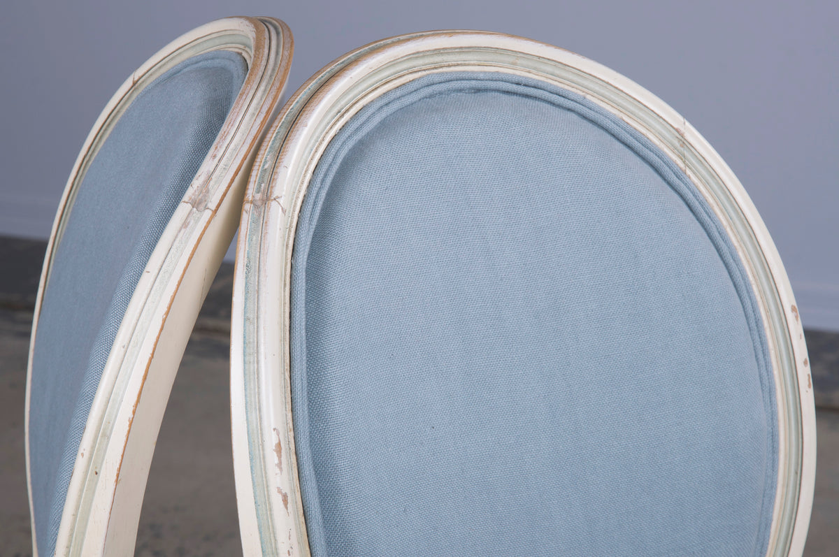 Antique French Louis XVI Style Painted Side Chairs W/ Light Blue Linen - A Pair