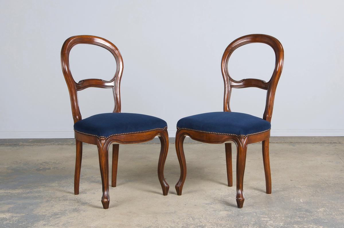 French Louis XV Style Ballon Back Maple Dining Chairs W/ Blue Velvet - Set of 6