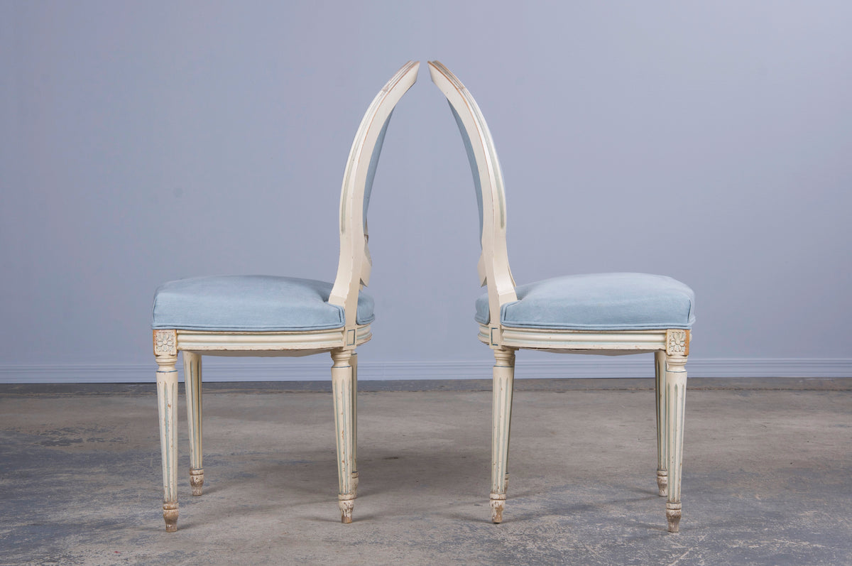 Antique French Louis XVI Style Painted Side Chairs W/ Light Blue Linen - A Pair