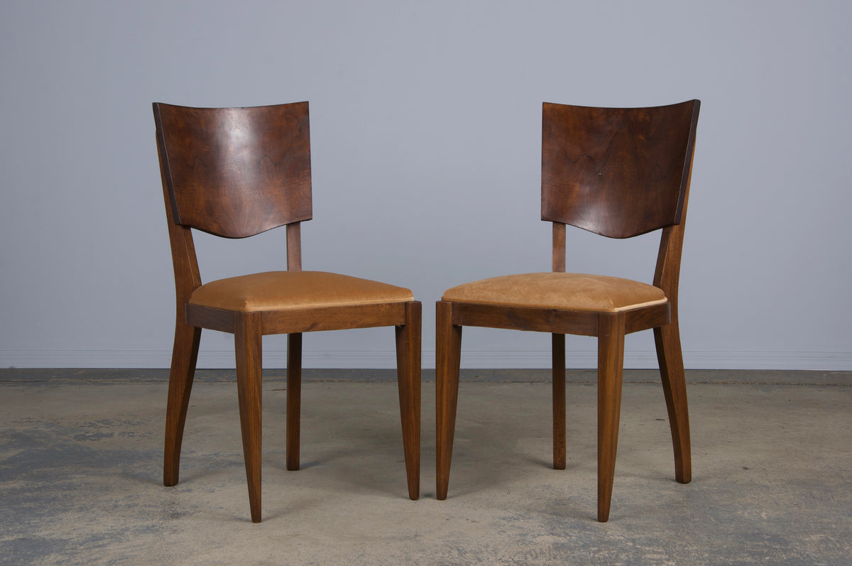 1950s French Art Deco Maple Dining Chairs W/ Beige Velvet - Set of 6