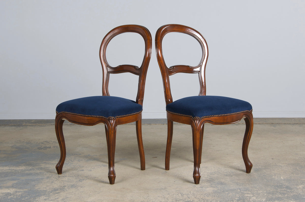 French Louis XV Style Ballon Back Maple Dining Chairs W/ Blue Velvet - Set of 6