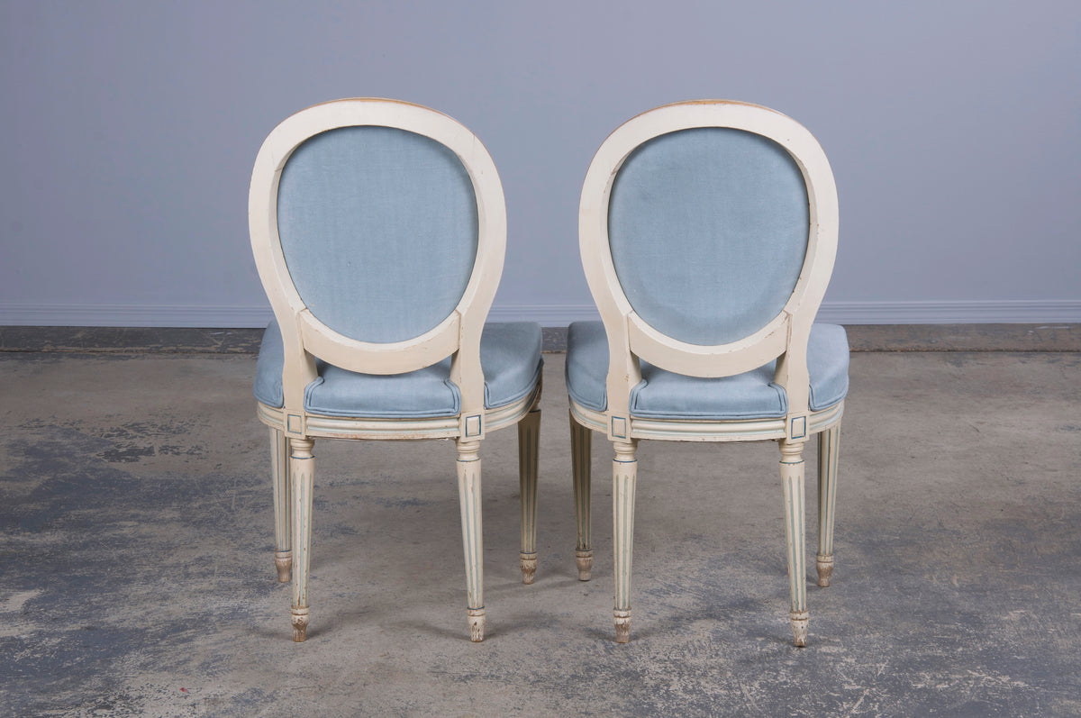 Antique French Louis XVI Style Painted Side Chairs W/ Light Blue Linen - A Pair