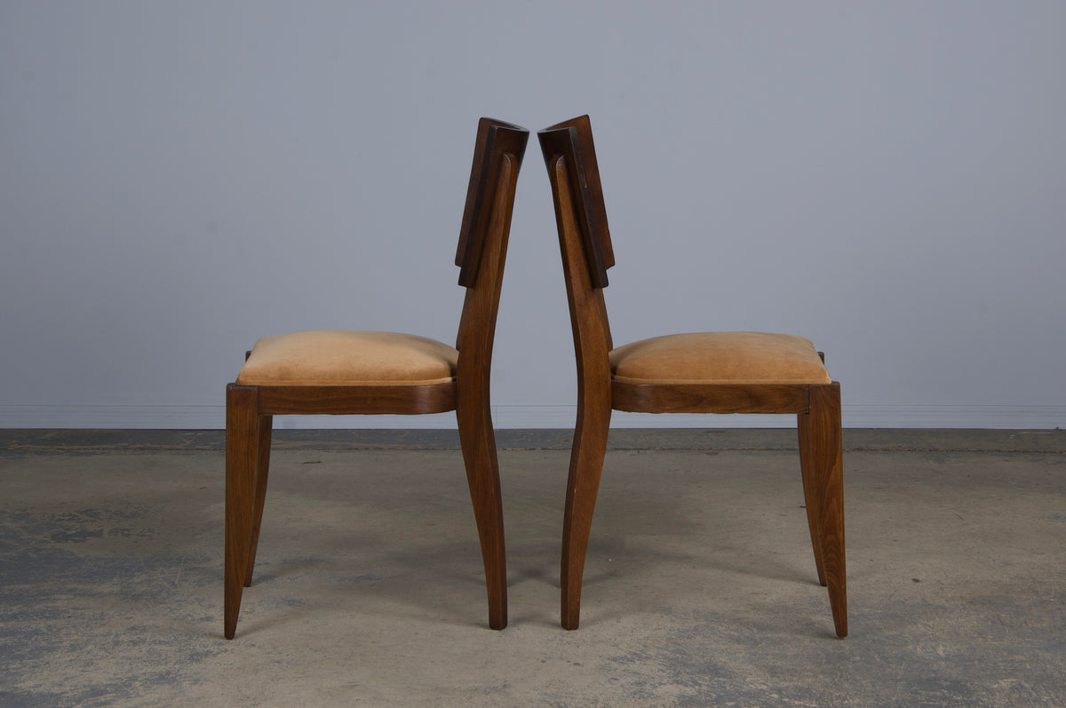 1950s French Art Deco Maple Dining Chairs W/ Beige Velvet - Set of 6