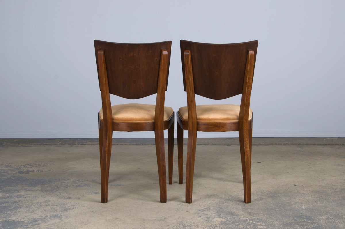 1950s French Art Deco Maple Dining Chairs W/ Beige Velvet - Set of 6