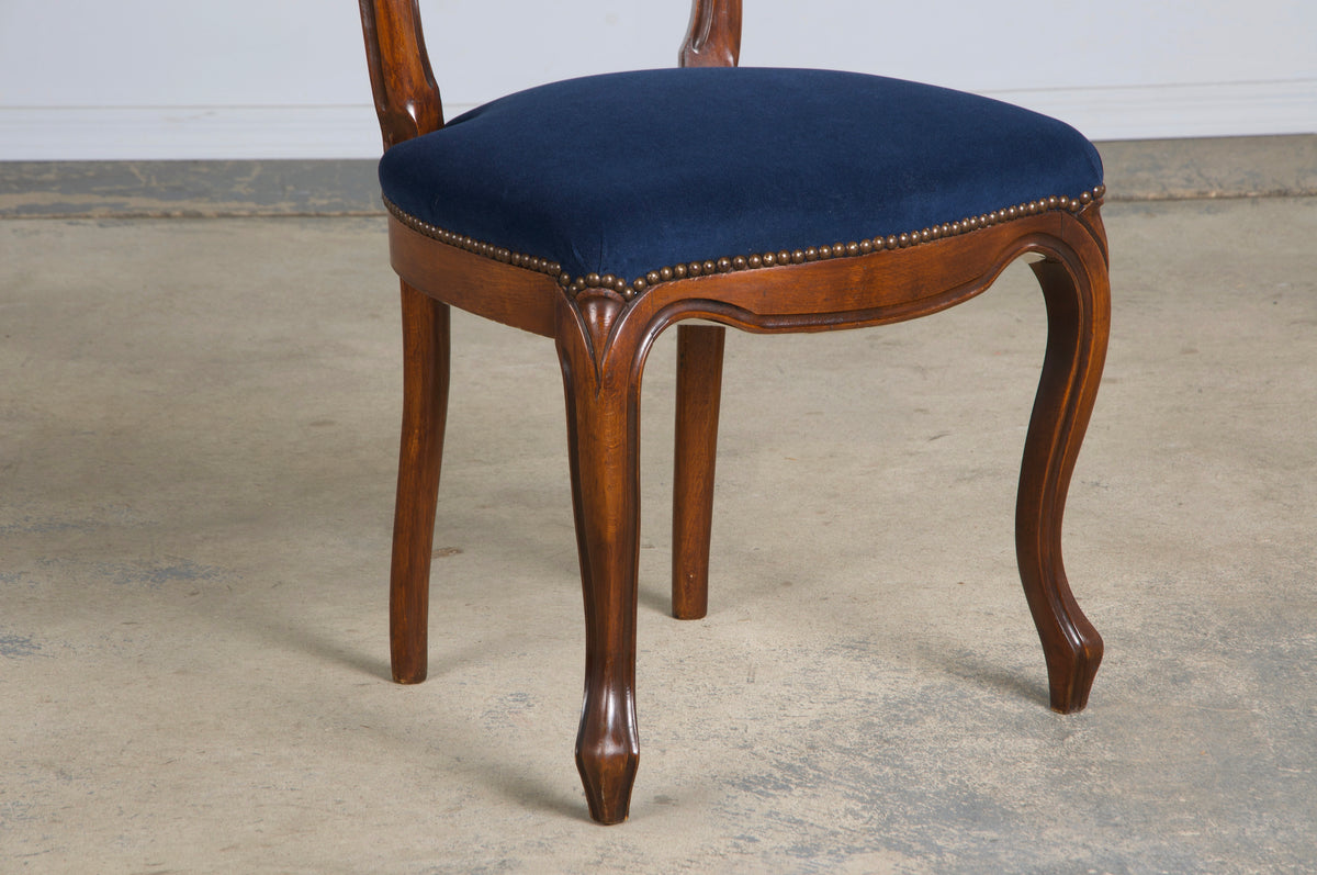 French Louis XV Style Ballon Back Maple Dining Chairs W/ Blue Velvet - Set of 6