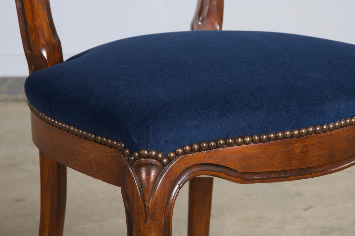 French Louis XV Style Ballon Back Maple Dining Chairs W/ Blue Velvet - Set of 6