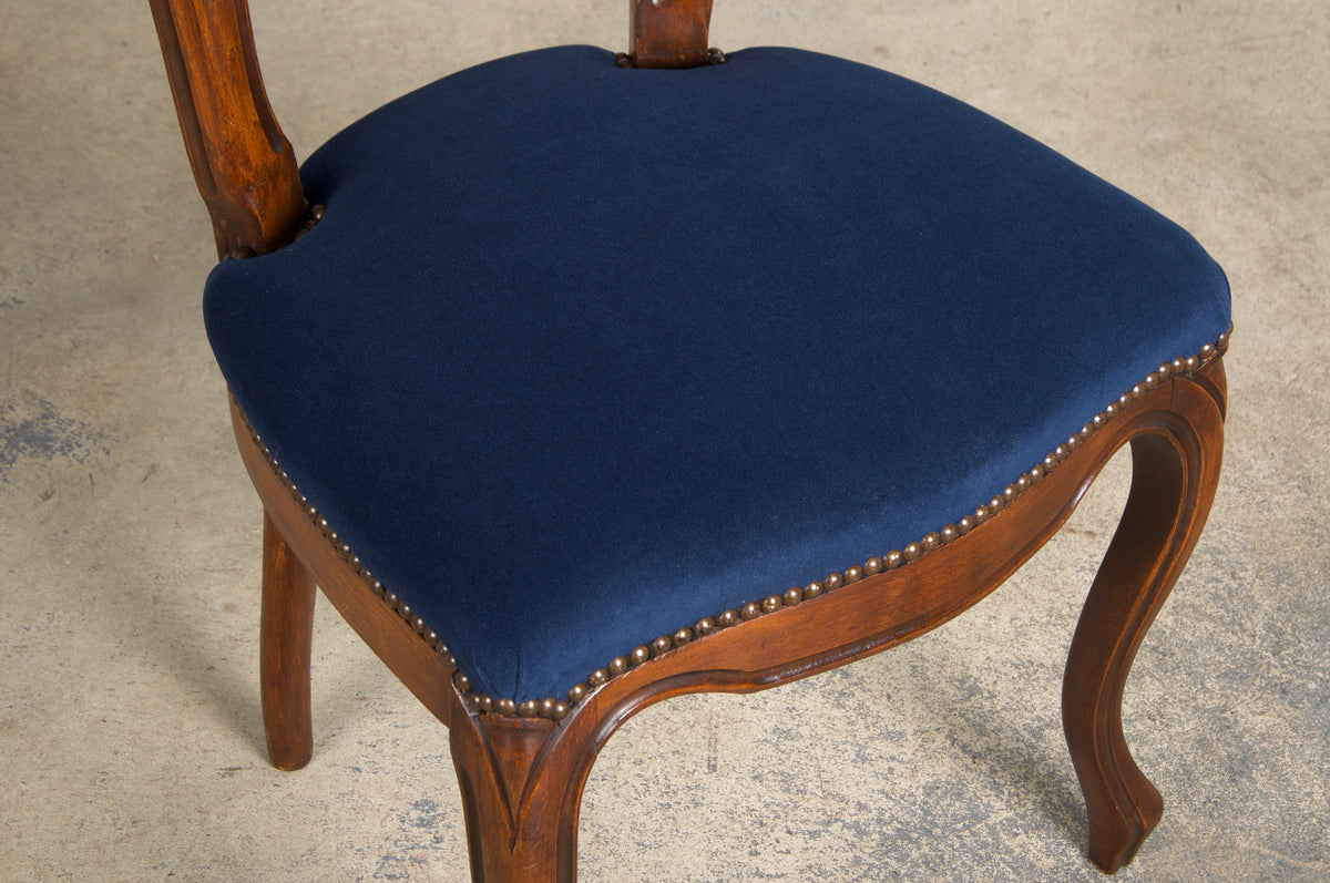 French Louis XV Style Ballon Back Maple Dining Chairs W/ Blue Velvet - Set of 6