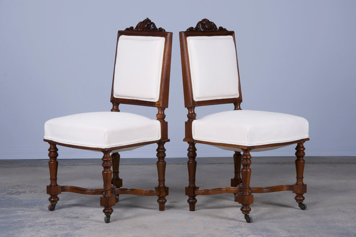 Antique French Napoleon III Style Walnut Dining Chairs W/ Off-White Fabric - Set of 6