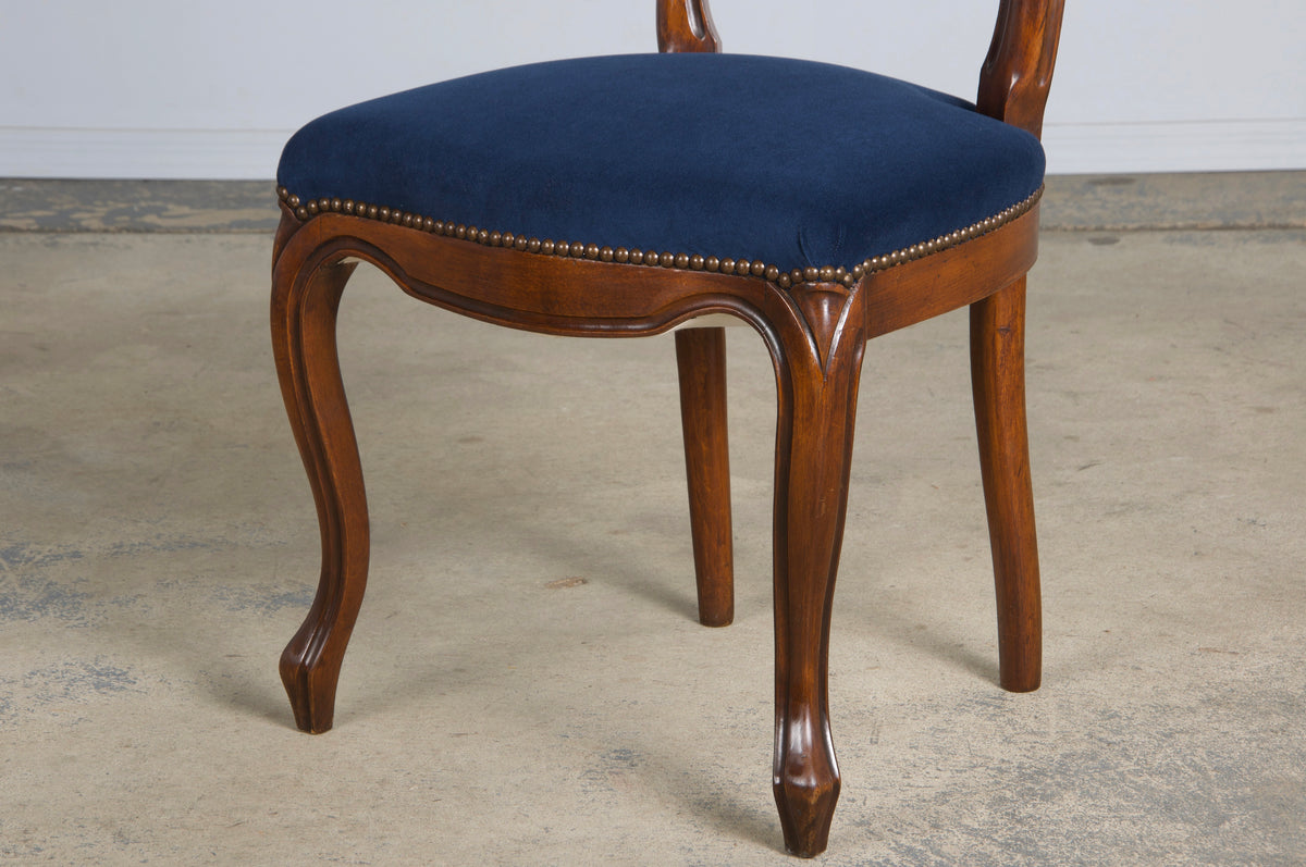 French Louis XV Style Ballon Back Maple Dining Chairs W/ Blue Velvet - Set of 6