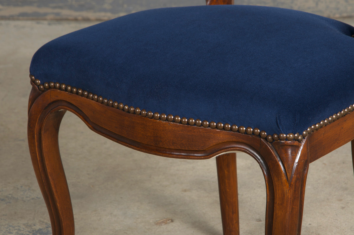 French Louis XV Style Ballon Back Maple Dining Chairs W/ Blue Velvet - Set of 6