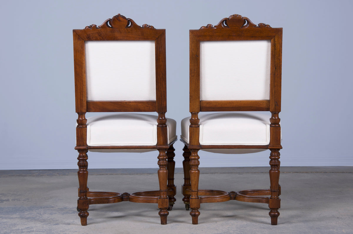Antique French Napoleon III Style Walnut Dining Chairs W/ Off-White Fabric - Set of 6