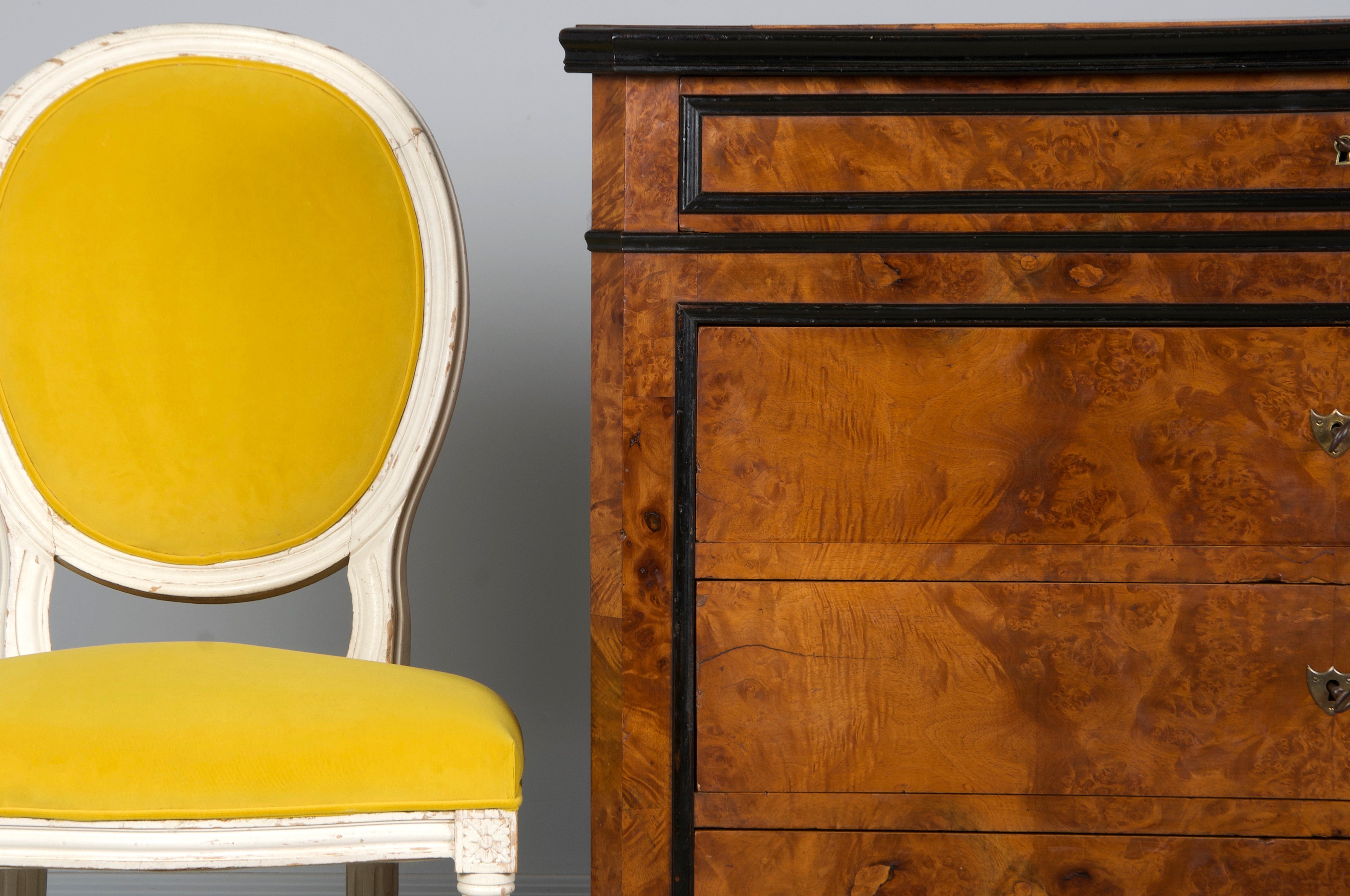 French Louis XVI Style Painted Side Chairs in Lemon Velvet - A Pair