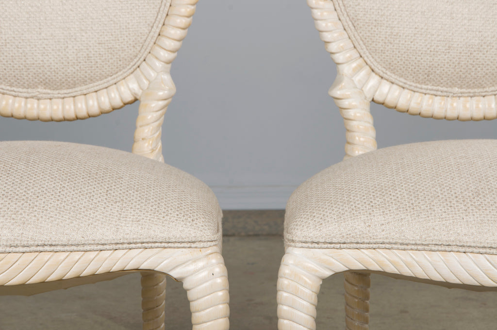 Napoleon III Style Faux Rope Painted Side Chairs in Cream Fabric - A Pair
