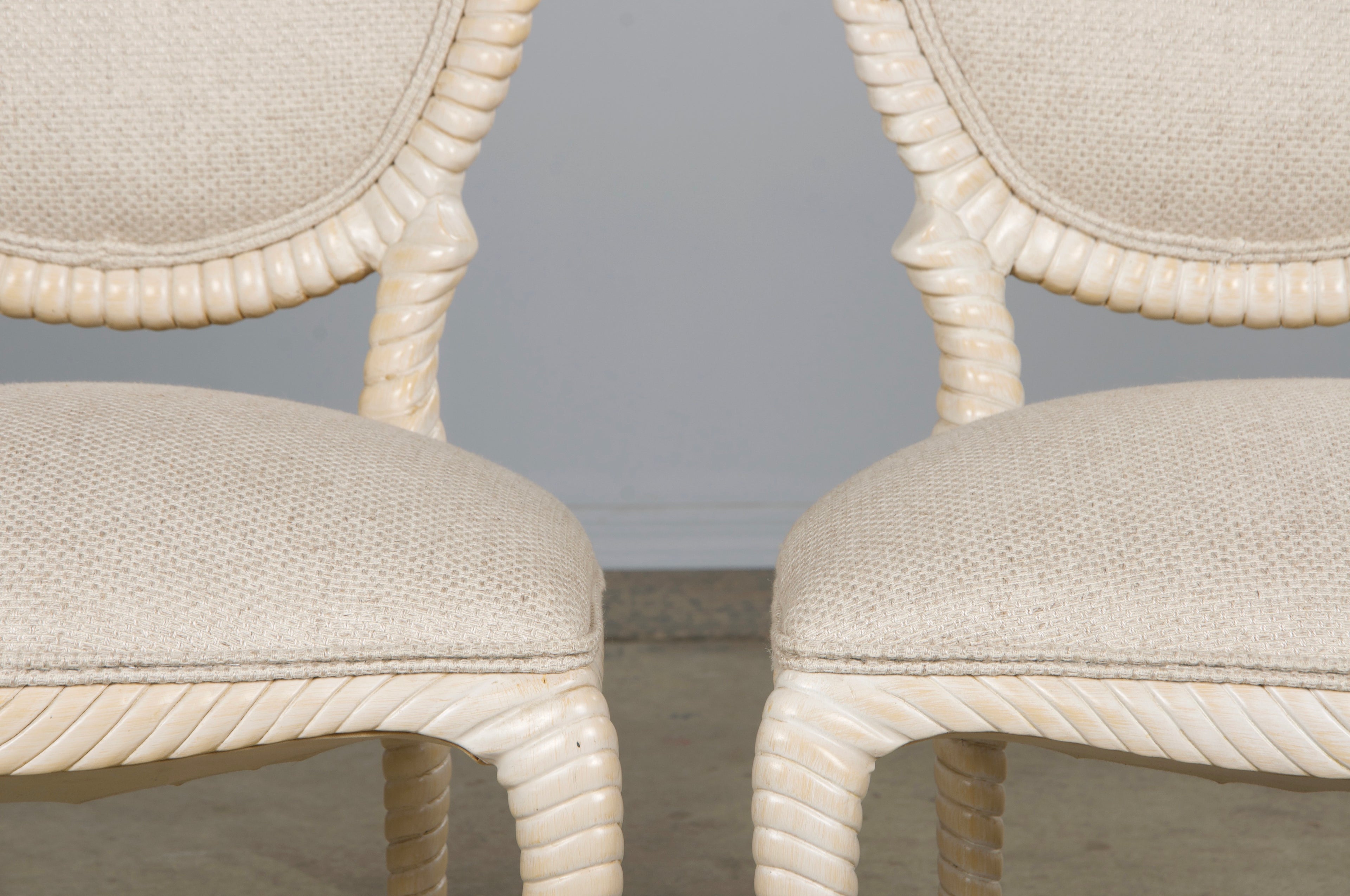 Napoleon III Style Faux Rope Painted Side Chairs in Cream Fabric - A Pair
