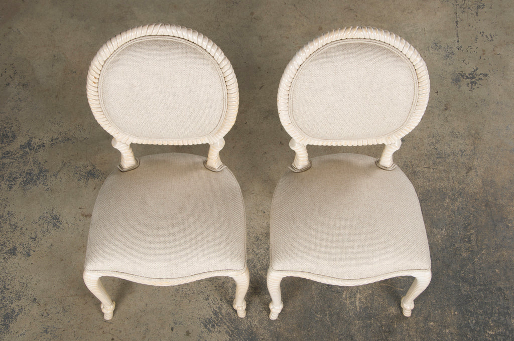 Napoleon III Style Faux Rope Painted Side Chairs in Cream Fabric - A Pair