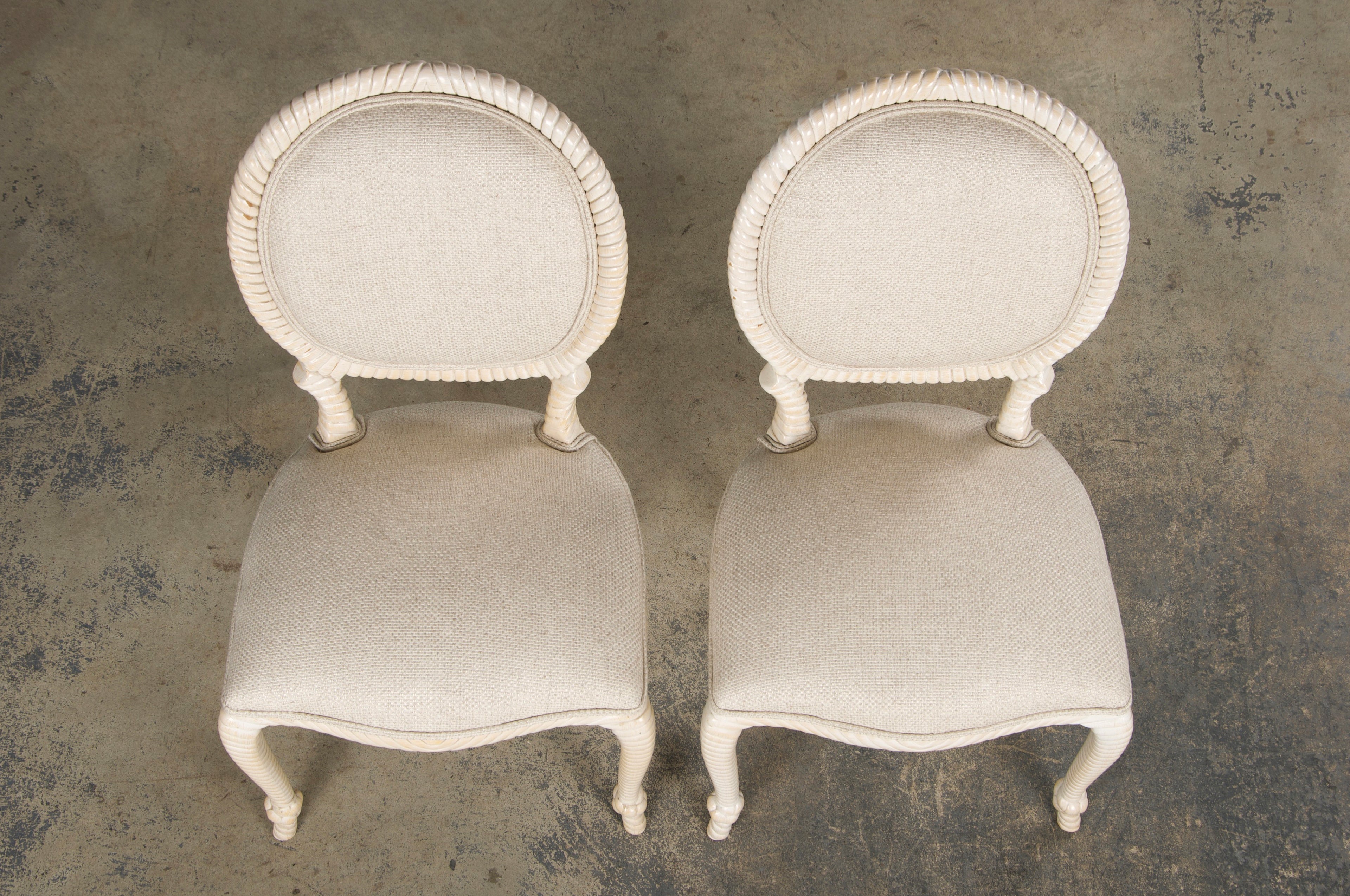 Napoleon III Style Faux Rope Painted Side Chairs in Cream Fabric - A Pair