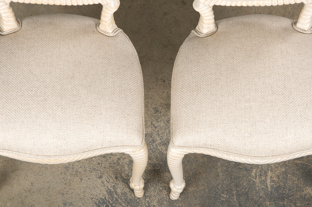 Napoleon III Style Faux Rope Painted Side Chairs in Cream Fabric - A Pair