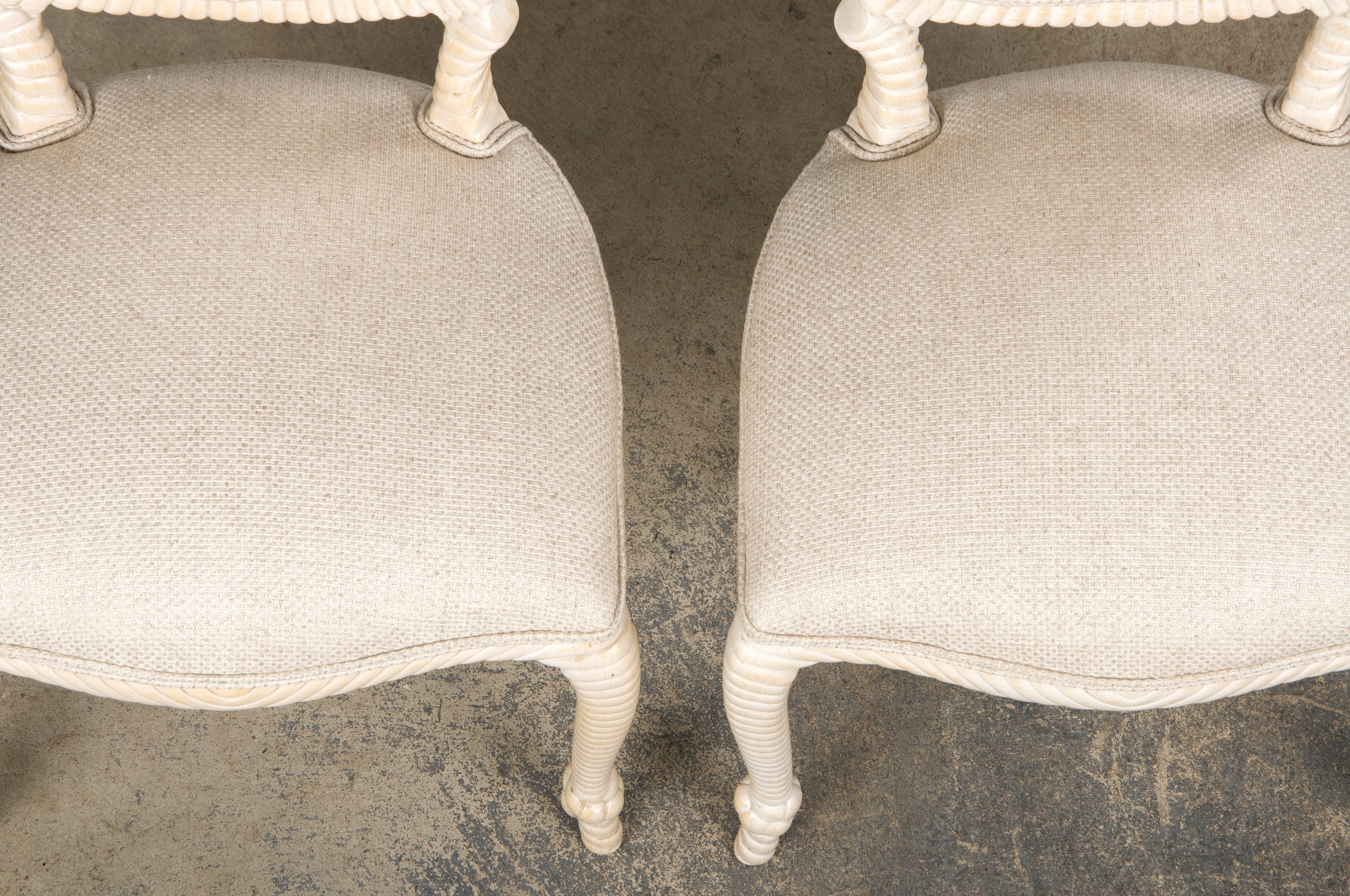 Napoleon III Style Faux Rope Painted Side Chairs in Cream Fabric - A Pair
