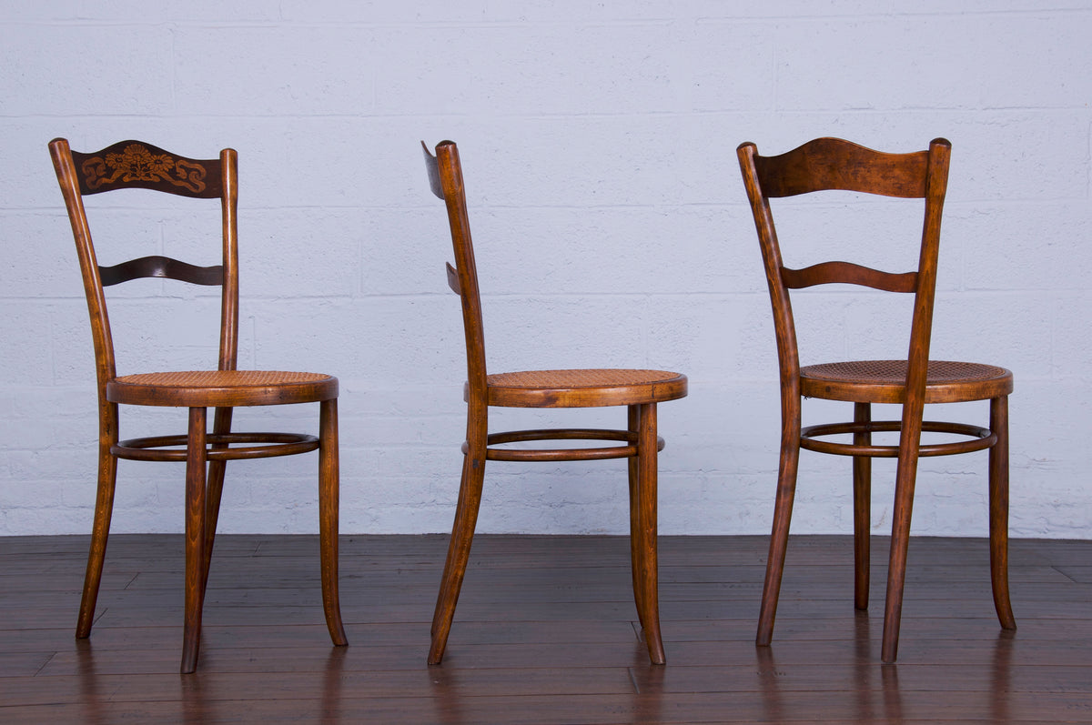 Antique French Bentwood Marquetry Bistro Dining Chairs W/ Cane Seats - Set of 6
