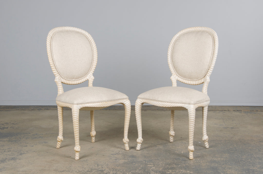 Napoleon III Style Faux Rope Painted Side Chairs in Cream Fabric - A Pair