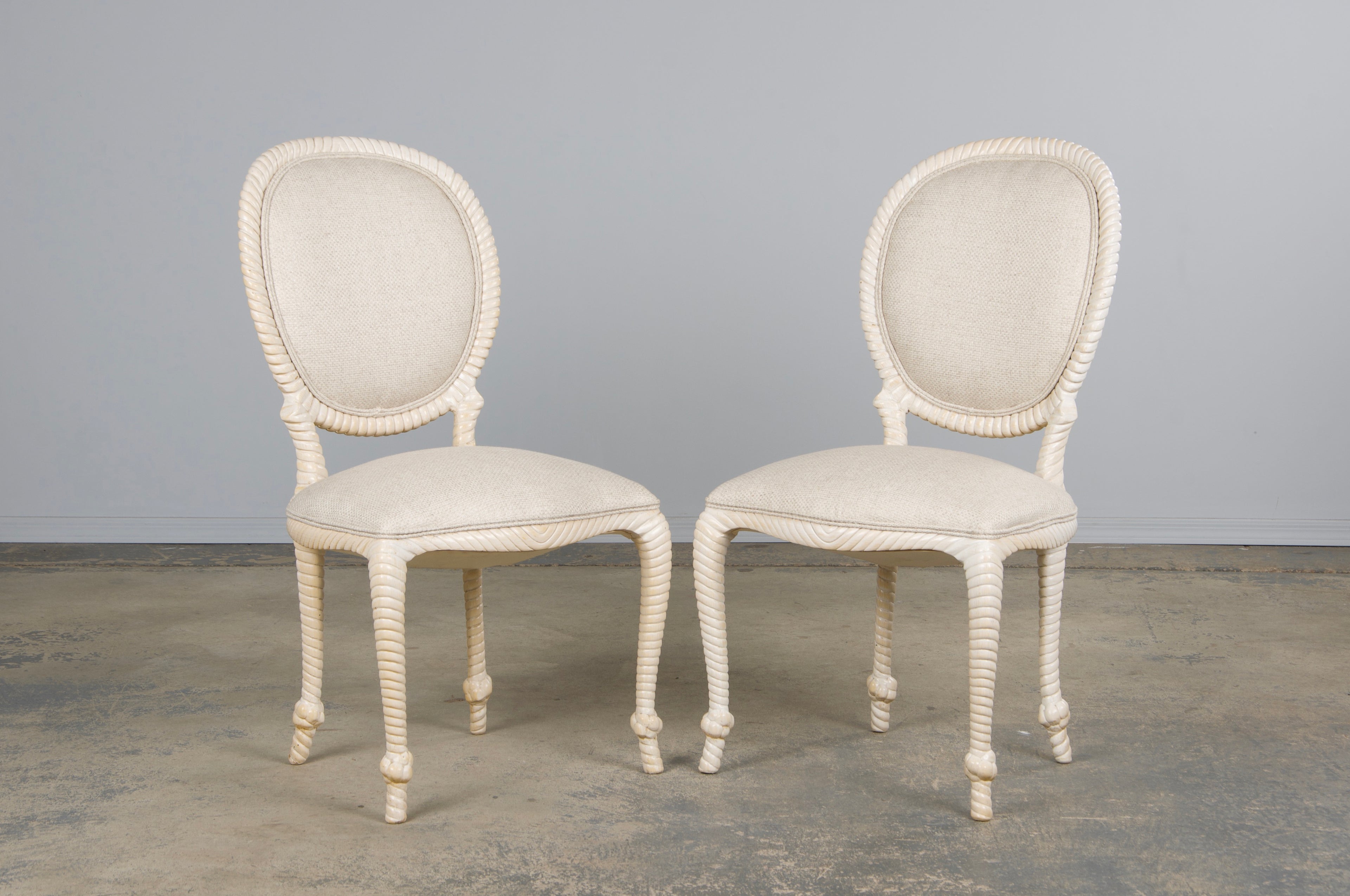 Napoleon III Style Faux Rope Painted Side Chairs in Cream Fabric - A Pair