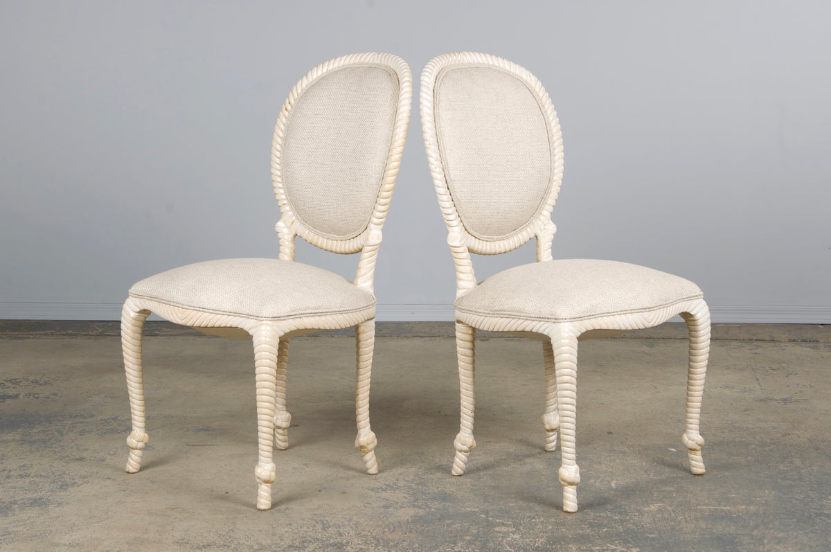 Napoleon III Style Faux Rope Painted Side Chairs in Cream Fabric - A Pair