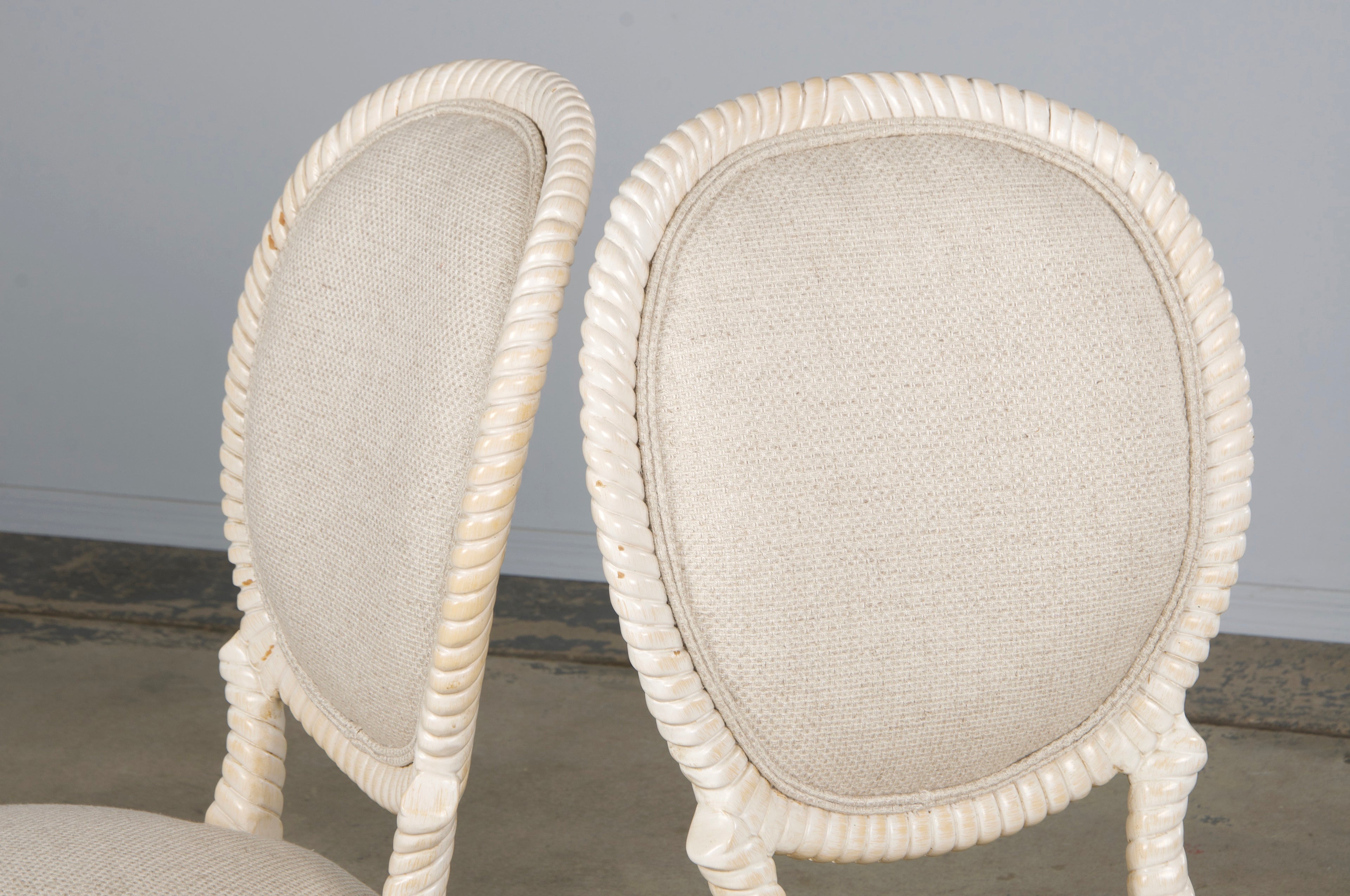 Napoleon III Style Faux Rope Painted Side Chairs in Cream Fabric - A Pair