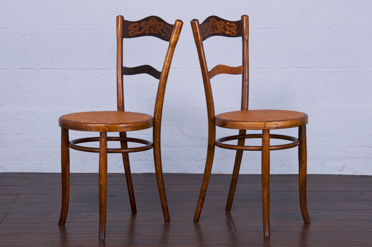Antique French Bentwood Marquetry Bistro Dining Chairs W/ Cane Seats - Set of 6