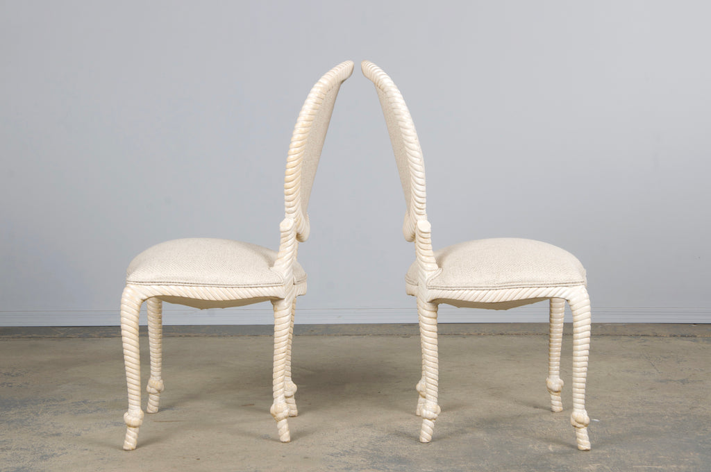 Napoleon III Style Faux Rope Painted Side Chairs in Cream Fabric - A Pair