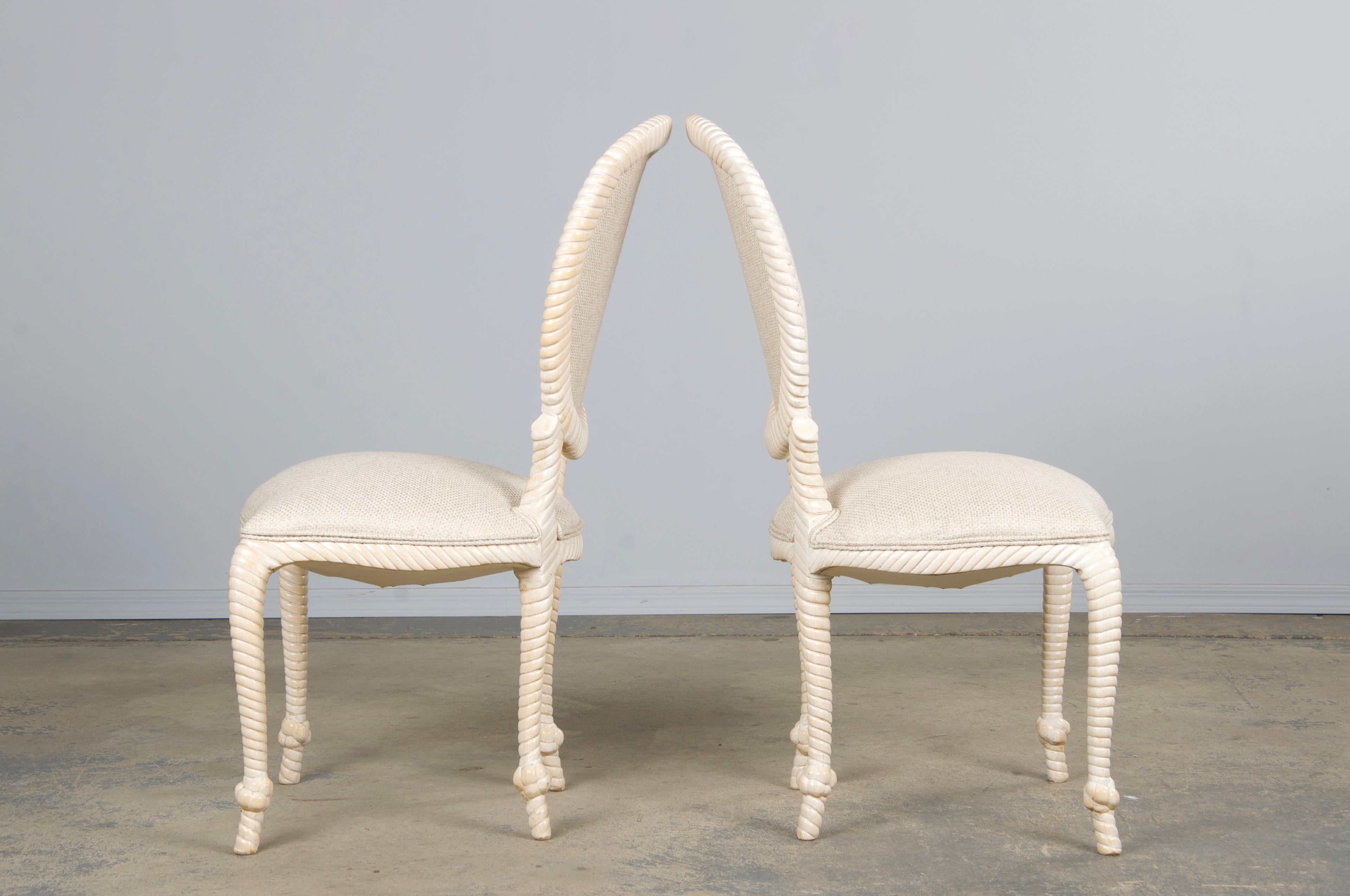 Napoleon III Style Faux Rope Painted Side Chairs in Cream Fabric - A Pair