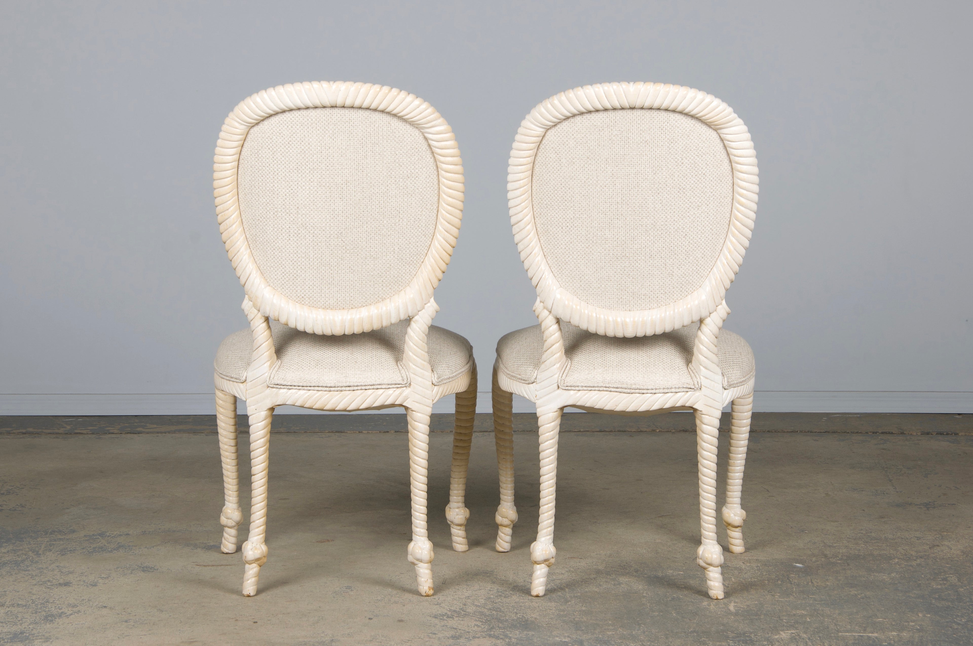 Napoleon III Style Faux Rope Painted Side Chairs in Cream Fabric - A Pair
