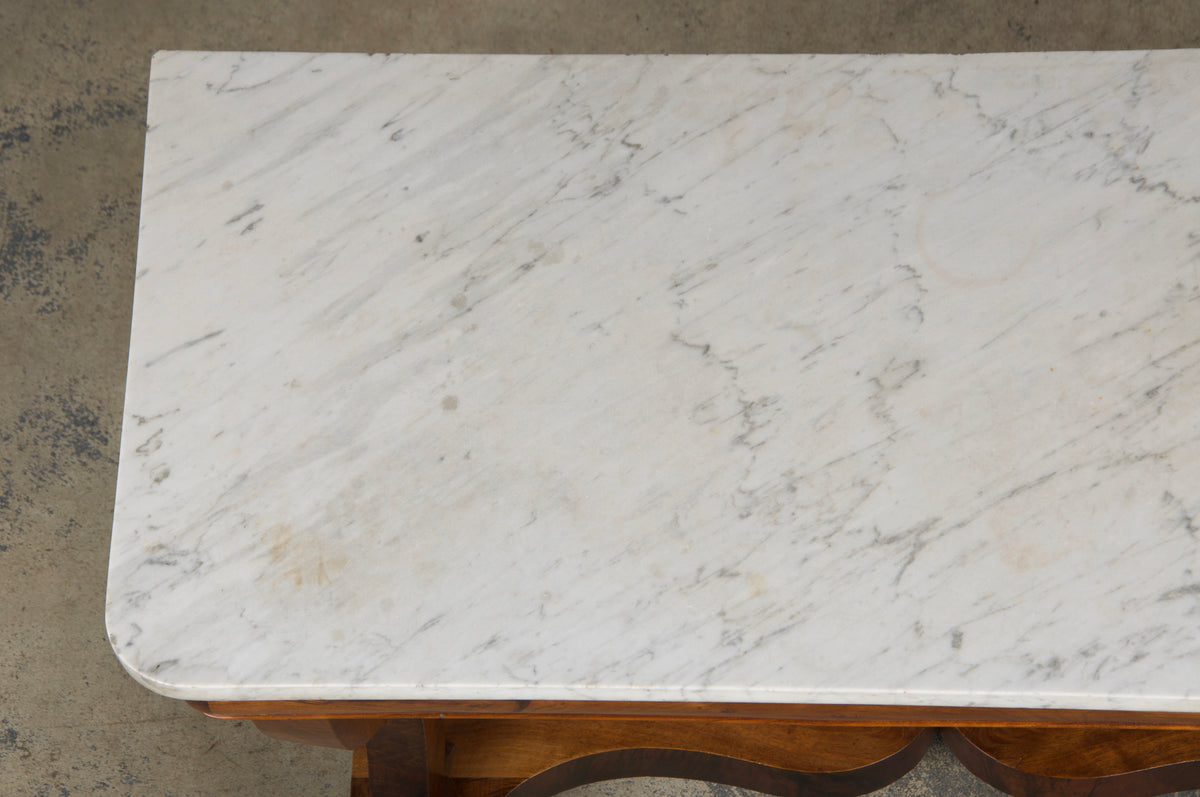 19th Century French Empire Style Walnut Console W/ Carrara Marble