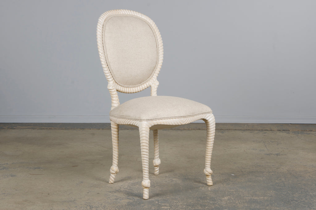 Napoleon III Style Faux Rope Painted Side Chairs in Cream Fabric - A Pair