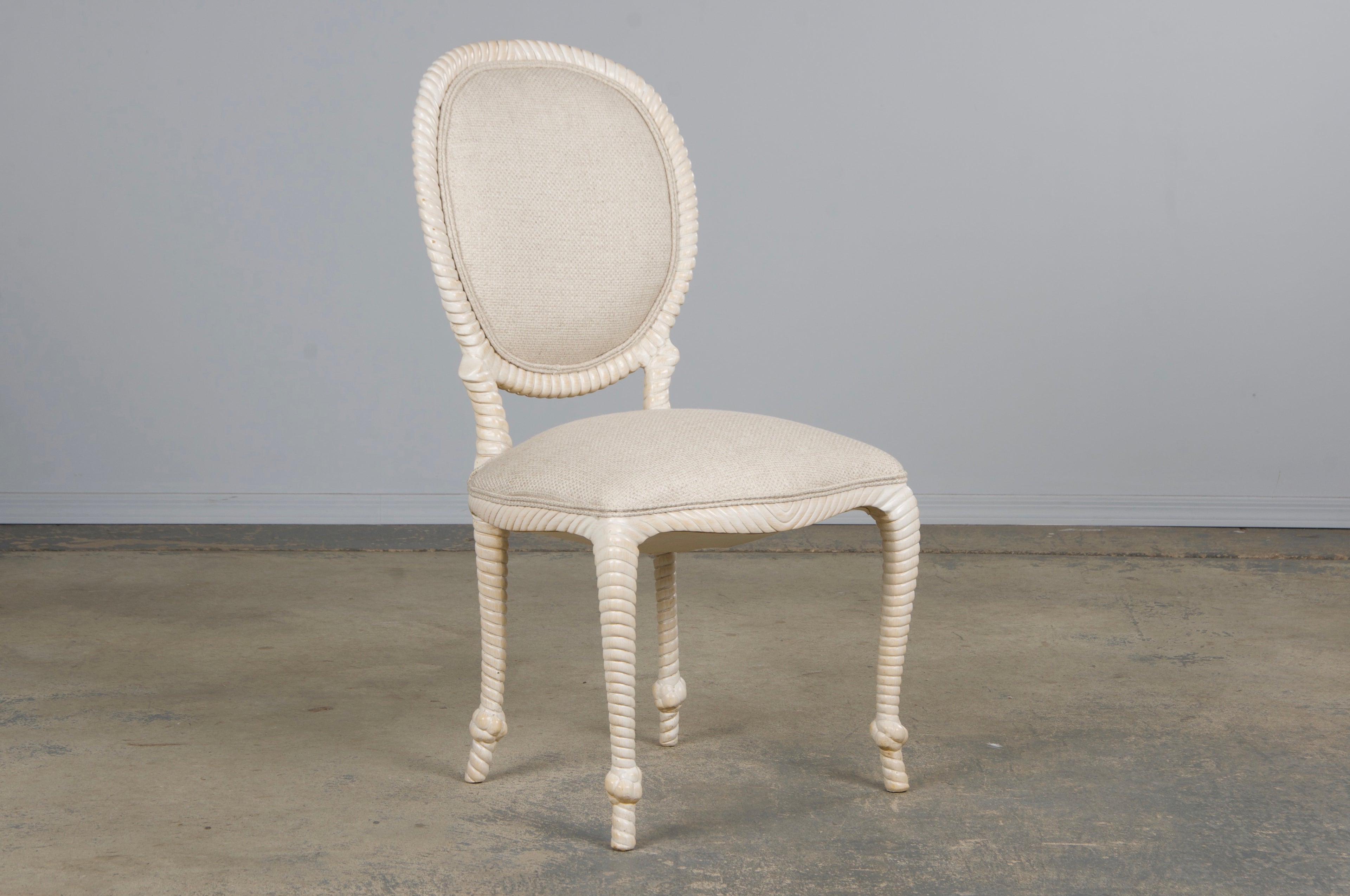 Napoleon III Style Faux Rope Painted Side Chairs in Cream Fabric - A Pair