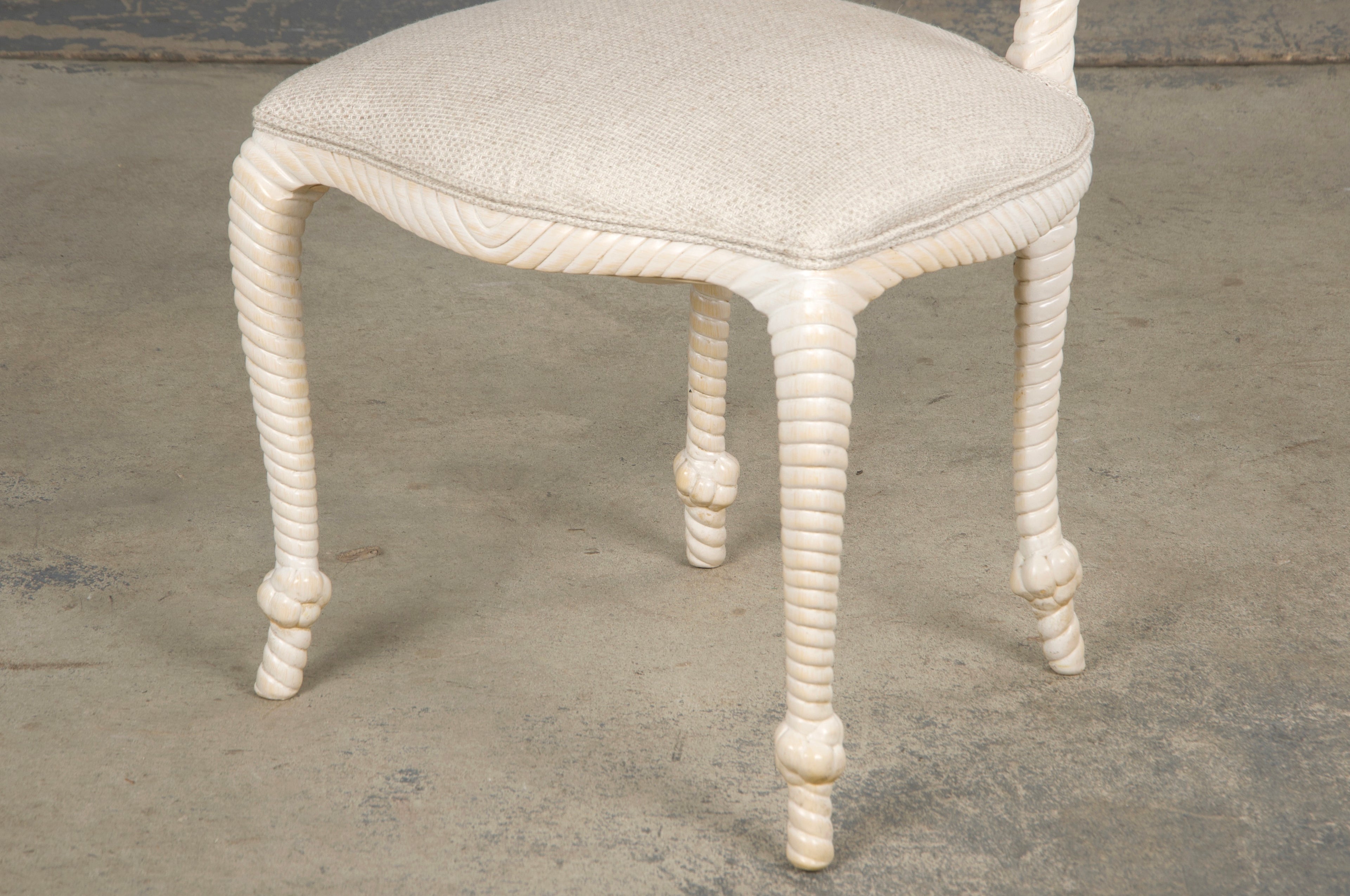 Napoleon III Style Faux Rope Painted Side Chairs in Cream Fabric - A Pair