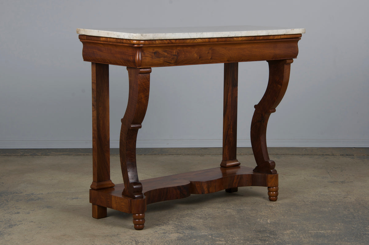 19th Century French Empire Style Walnut Console W/ Carrara Marble
