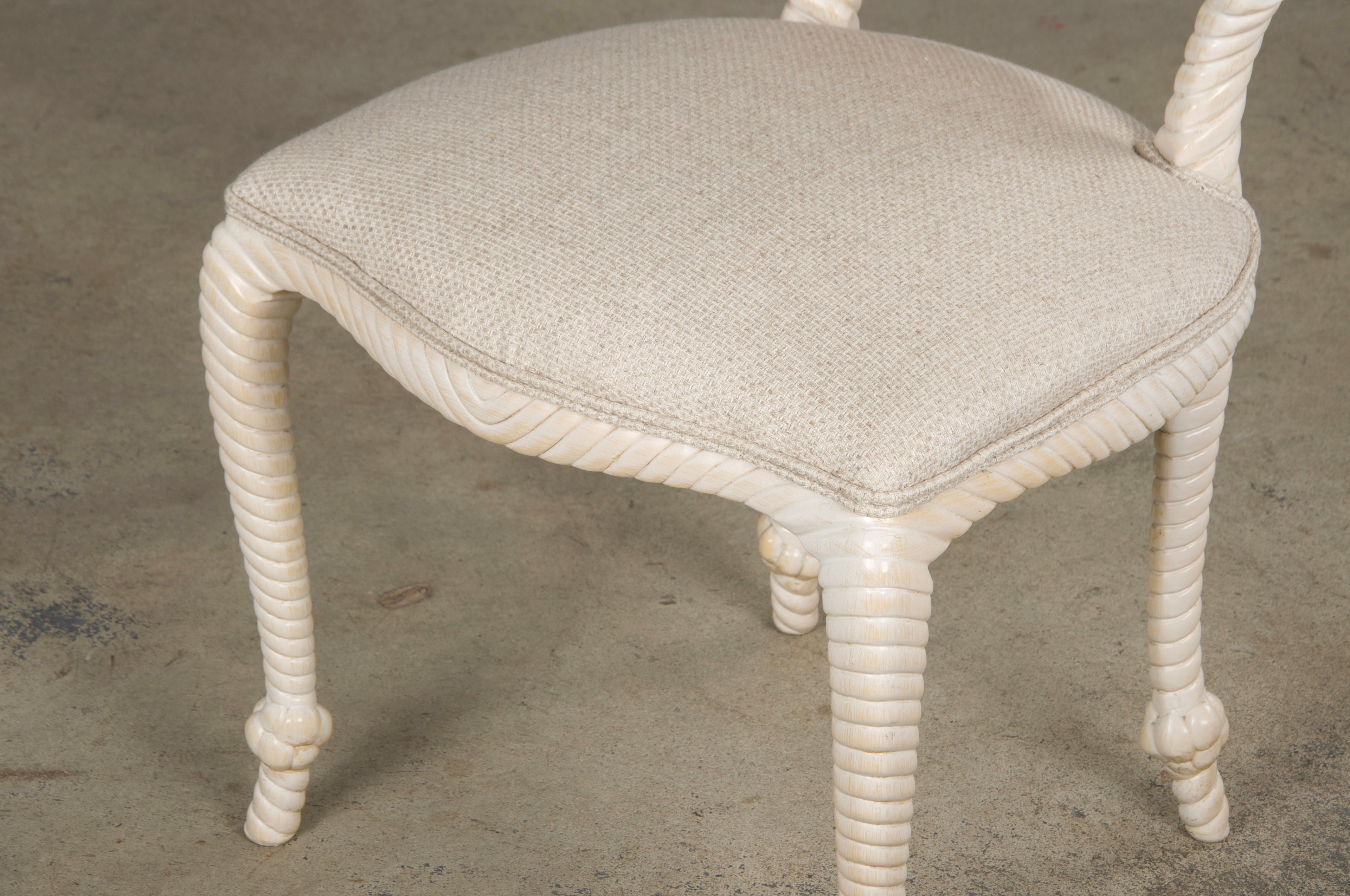 Napoleon III Style Faux Rope Painted Side Chairs in Cream Fabric - A Pair