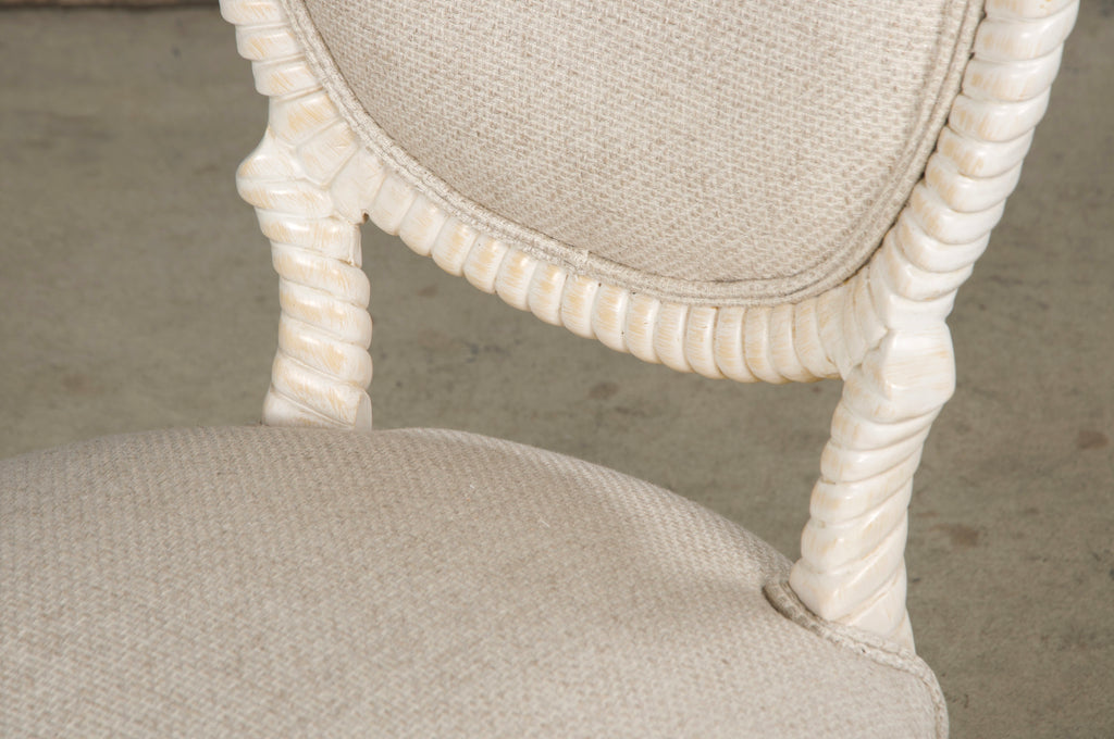 Napoleon III Style Faux Rope Painted Side Chairs in Cream Fabric - A Pair