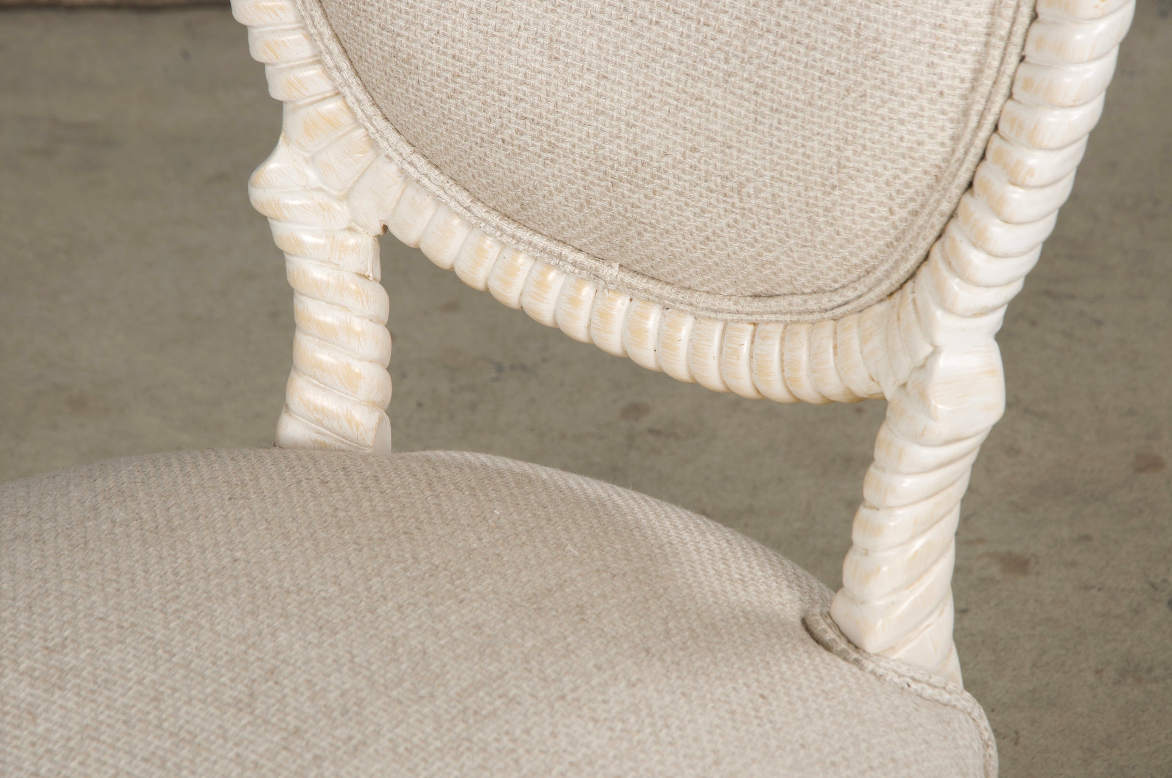Napoleon III Style Faux Rope Painted Side Chairs in Cream Fabric - A Pair