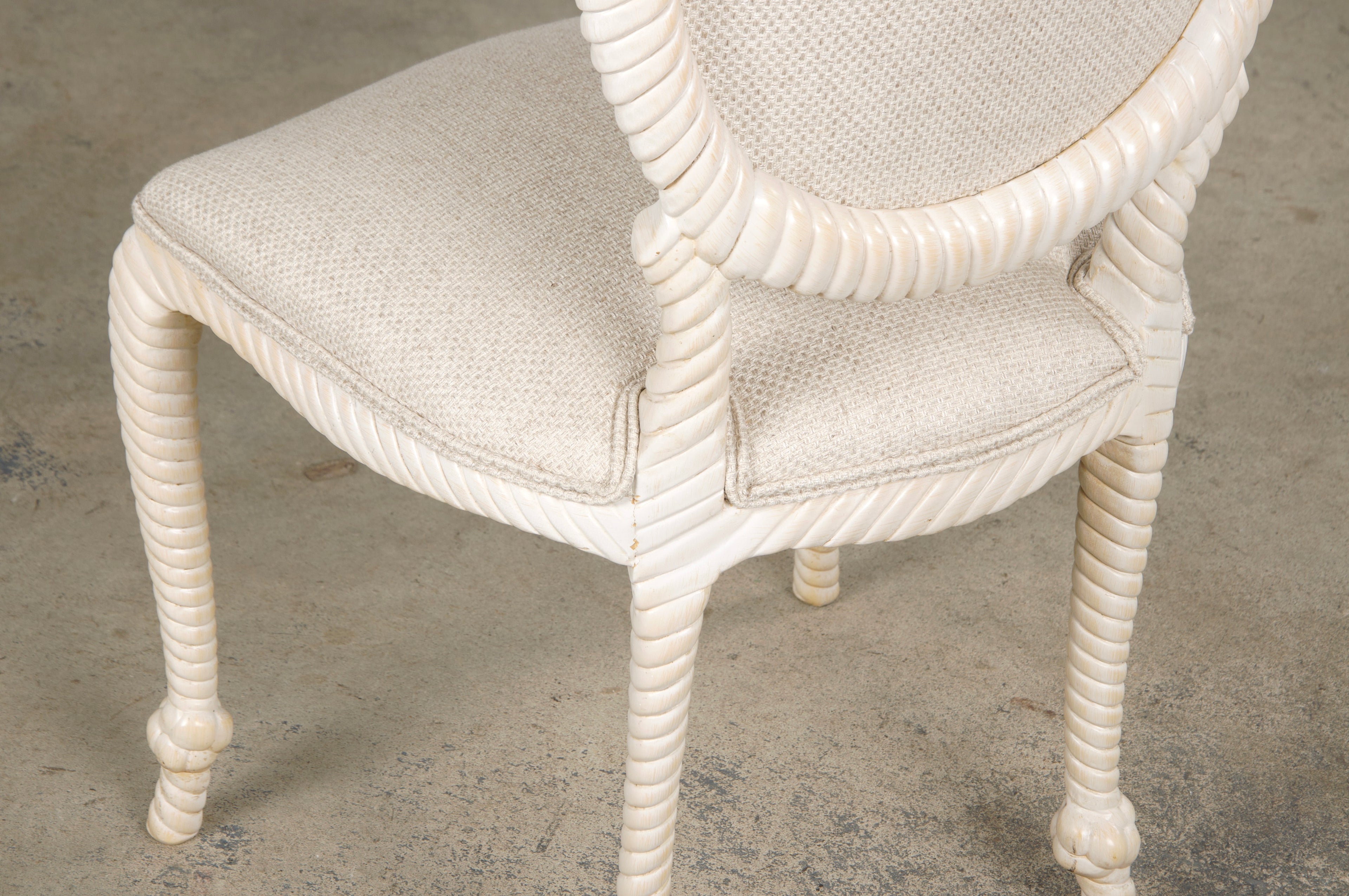 Napoleon III Style Faux Rope Painted Side Chairs in Cream Fabric - A Pair