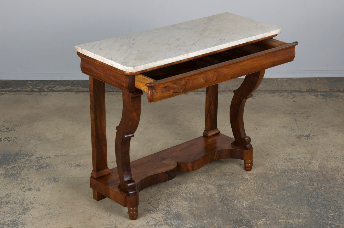 19th Century French Empire Style Walnut Console W/ Carrara Marble