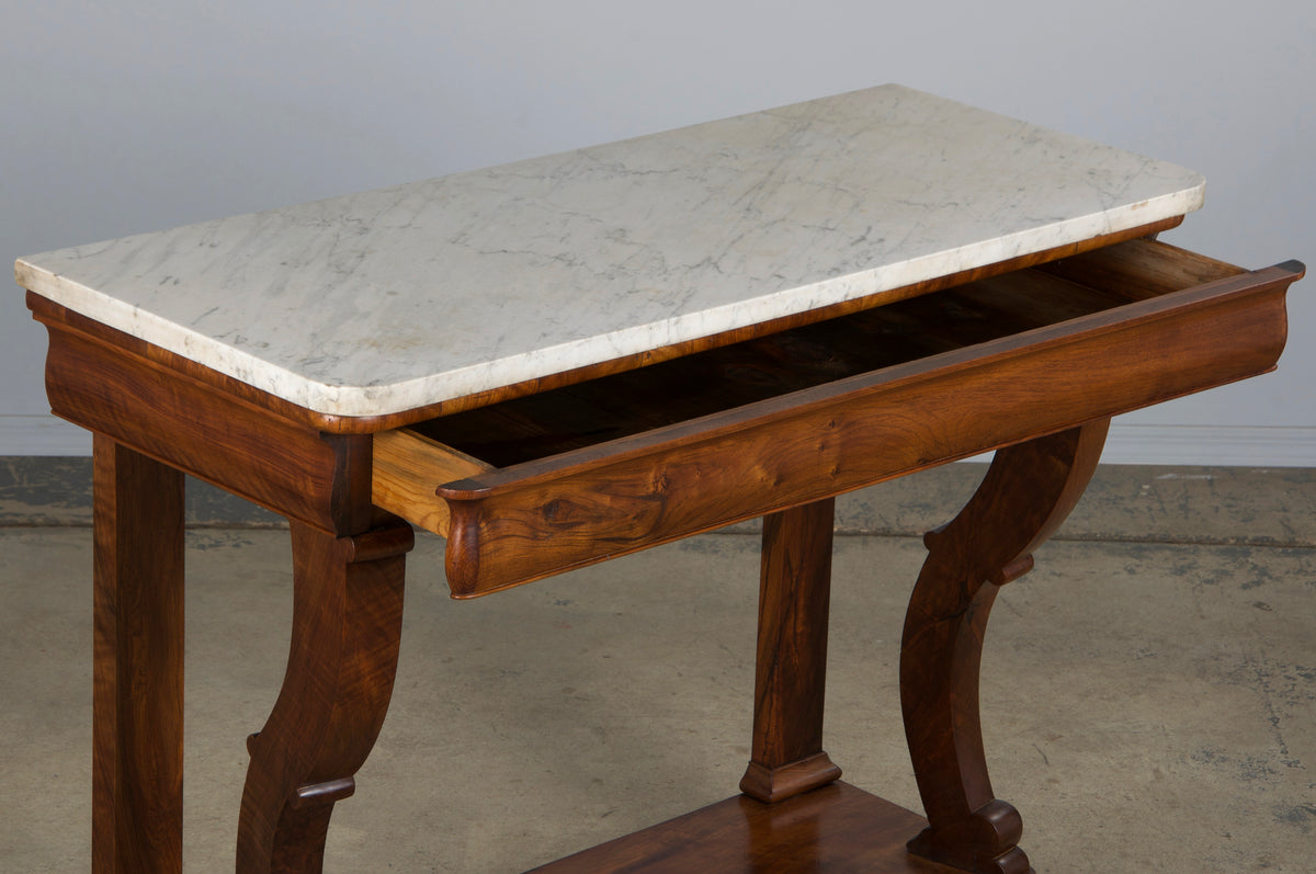 19th Century French Empire Style Walnut Console W/ Carrara Marble
