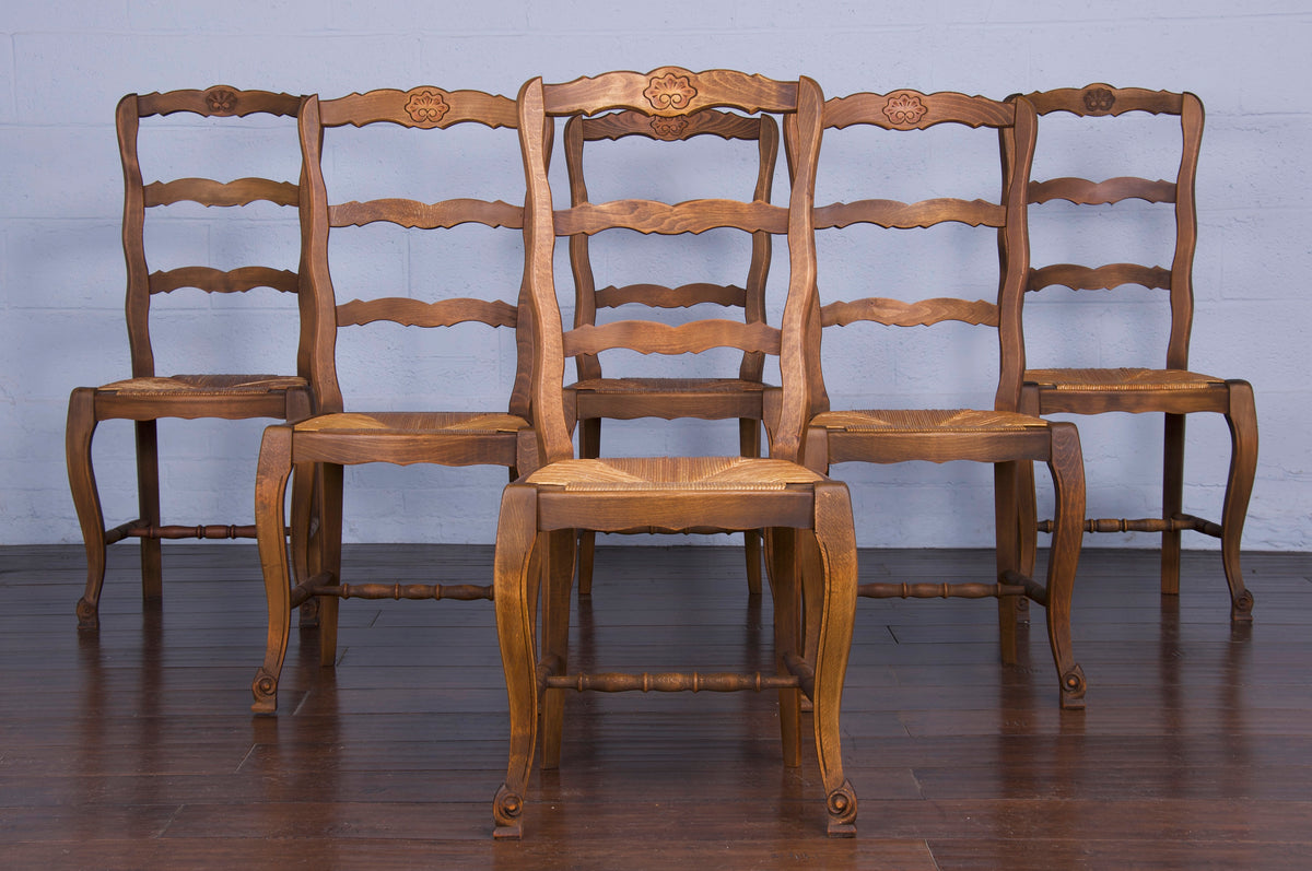 Country French Louis XV Style Provincial Ladder Back Dining Chairs W/ Rush Seats - Set of 6