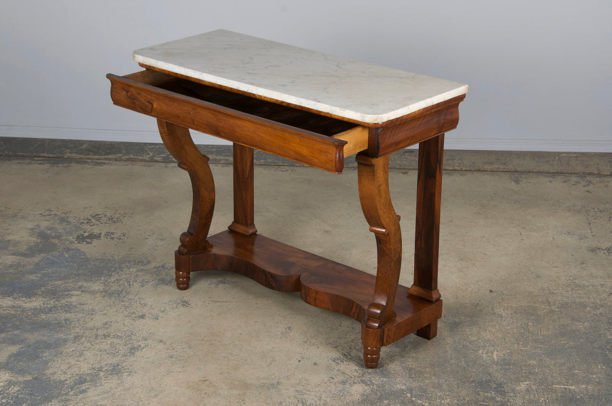 19th Century French Empire Style Walnut Console W/ Carrara Marble