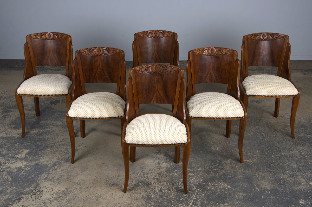 1930s French Art Deco Walnut Gondola Dining Chairs W/ Cream Chenille - Set of 6