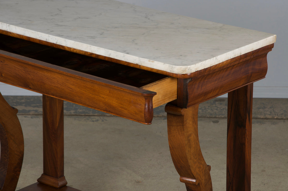 19th Century French Empire Style Walnut Console W/ Carrara Marble