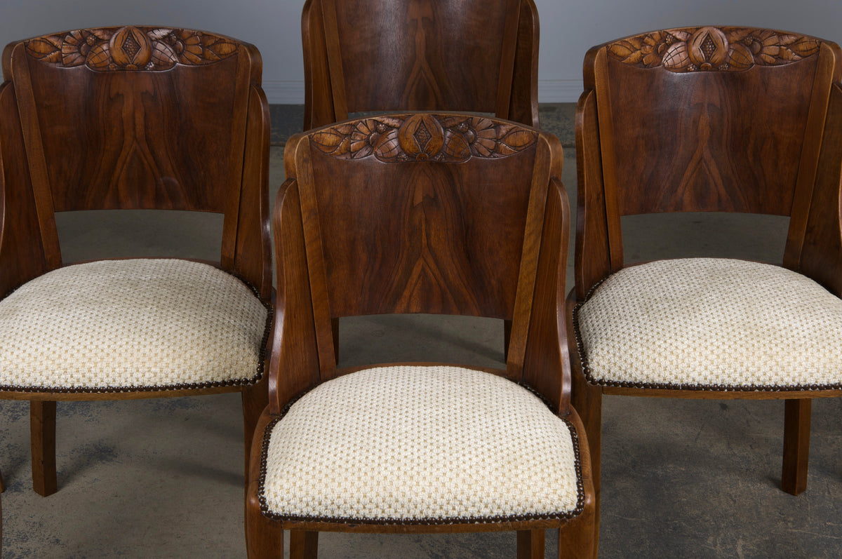 1930s French Art Deco Walnut Gondola Dining Chairs W/ Cream Chenille - Set of 6