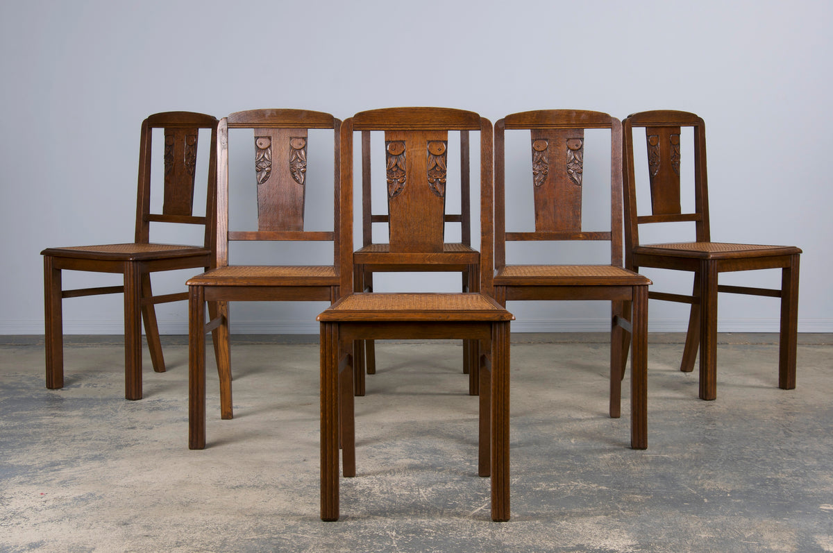 1930s French Art Deco Oak Dining Chairs W/ Cane Seats - Set of 6