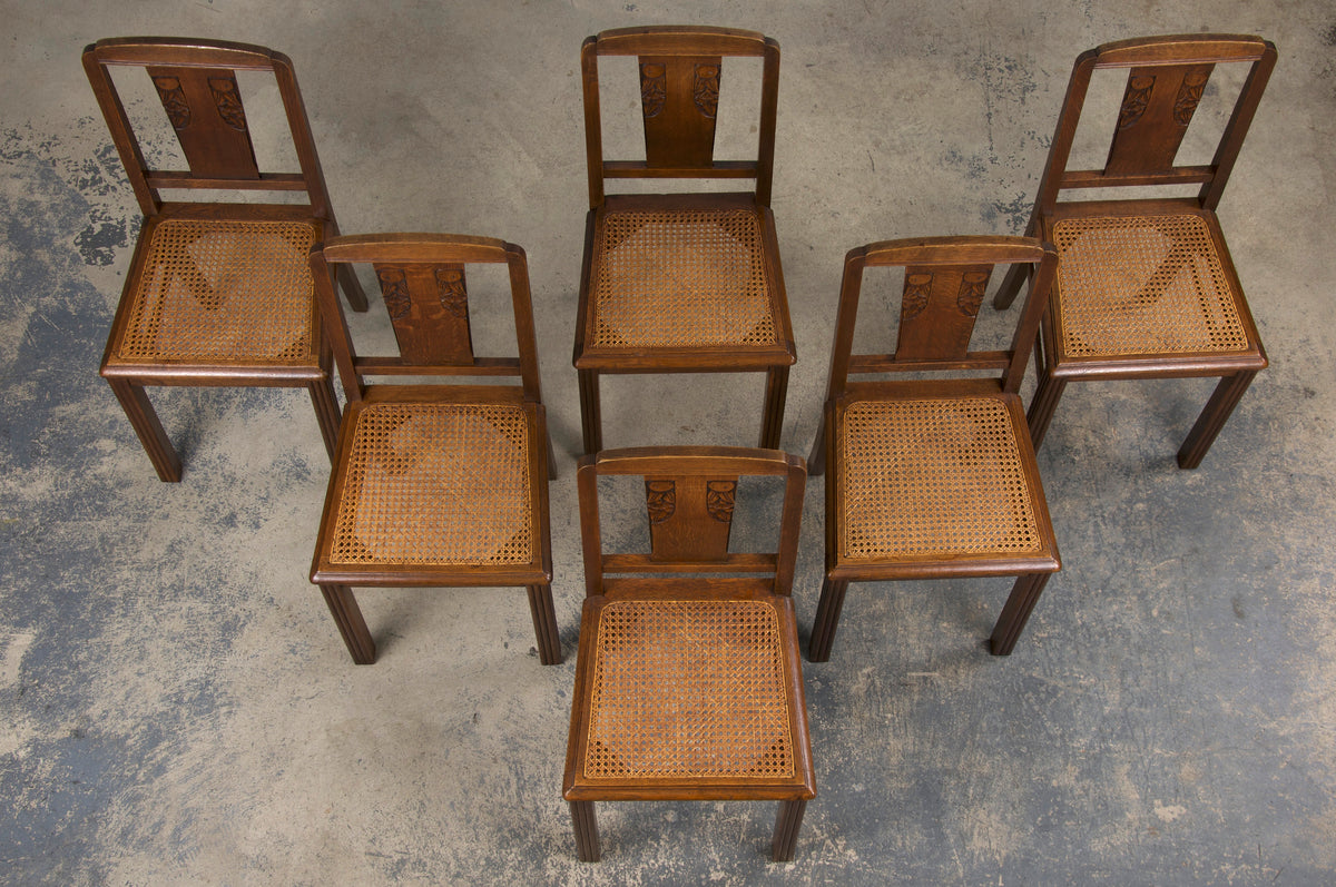 1930s French Art Deco Oak Dining Chairs W/ Cane Seats - Set of 6