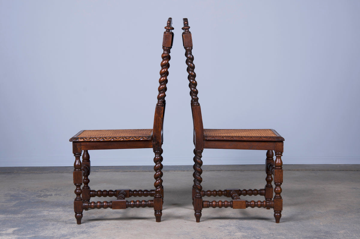 Antique French Renaissance Henry II Style Oak Cane Dining Chairs - Set of 6